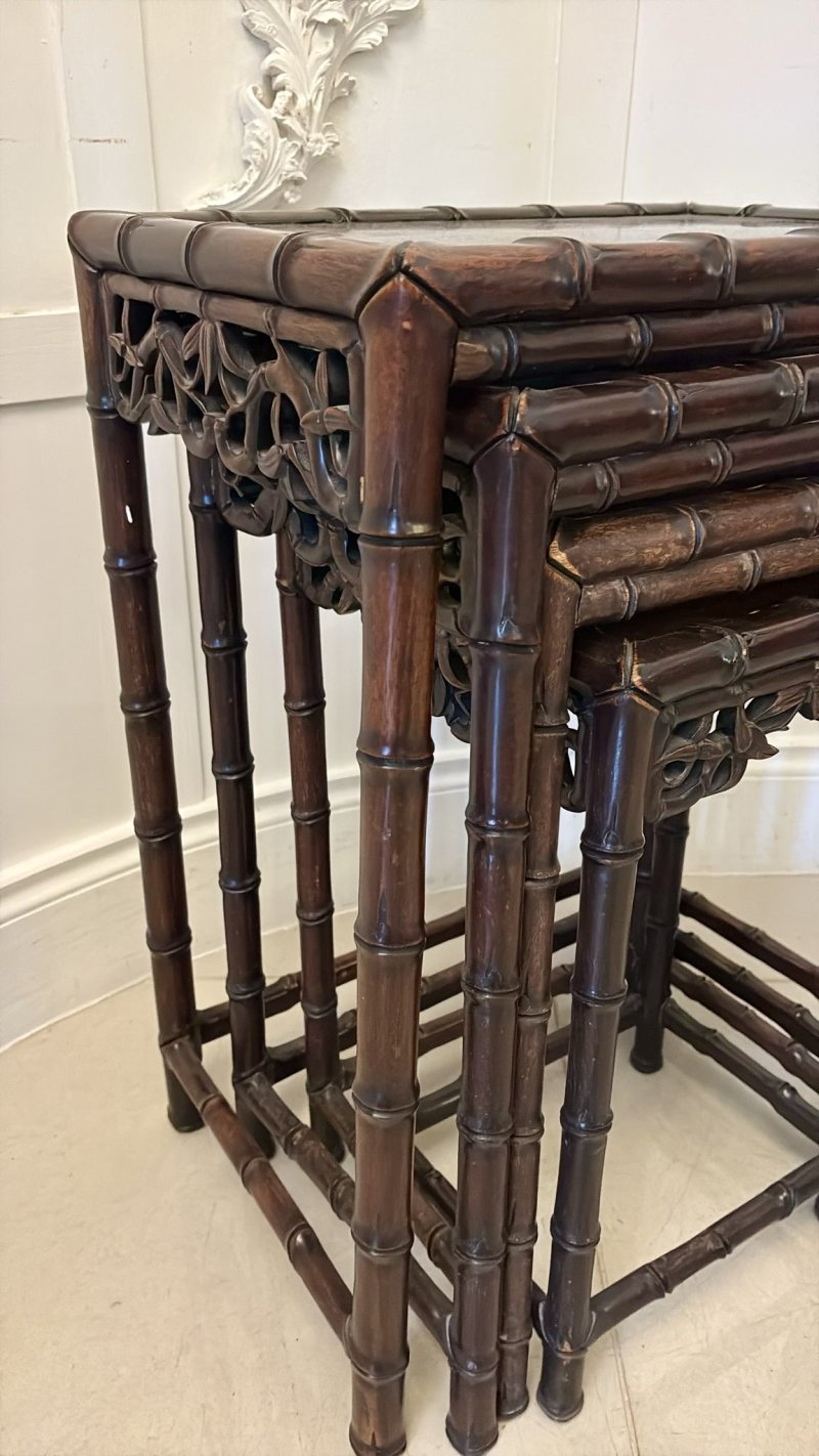 Antique 19th Century Oriental Carved Faux Bamboo Freestanding Nest of Tables